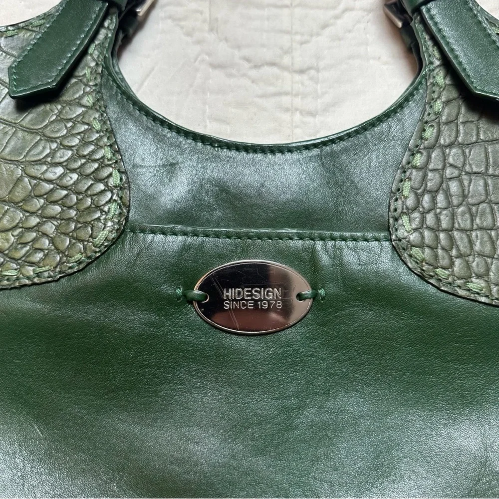 Hidesign Leather Shoulder Bag | Emerald Green Croc Embossed Y2K Purse